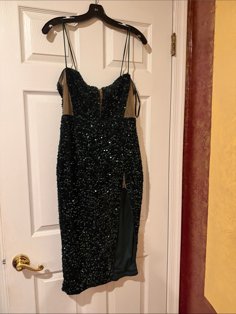 Women's Emerald Green Sequin Midi Dress with Spaghetti Straps
